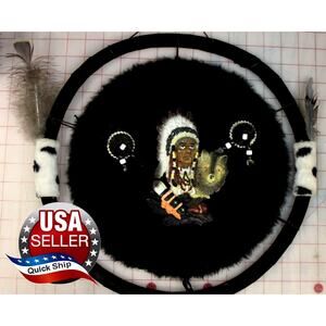 Native American Chief With Headdress and Wolf Dream Catcher • Black Faux Fur